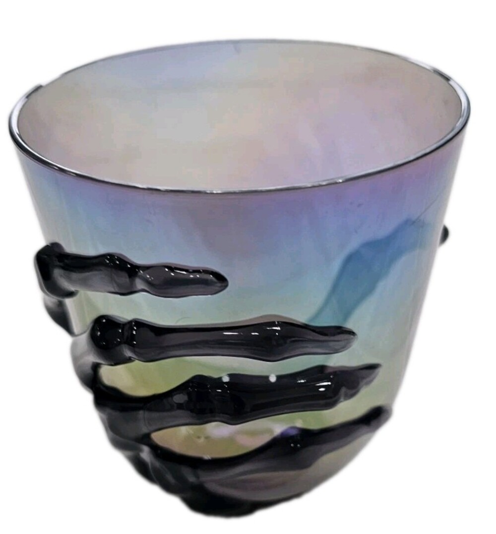 Set Of 2 Used Halloween SKELETON HAND STEMLESS WINE GLASS Acrylic Cup 14.5oz